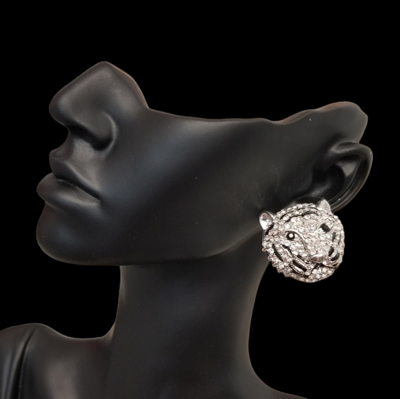 PARIS COLLECTION NWT RHINESTONE WHITE TIGER STATEMENT EARRINGS - Picture 2 of 6
